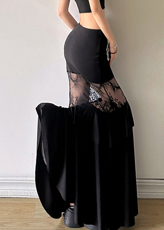 Art Black Hollow Out Lace Patchwork Fishtail Skirt Summer