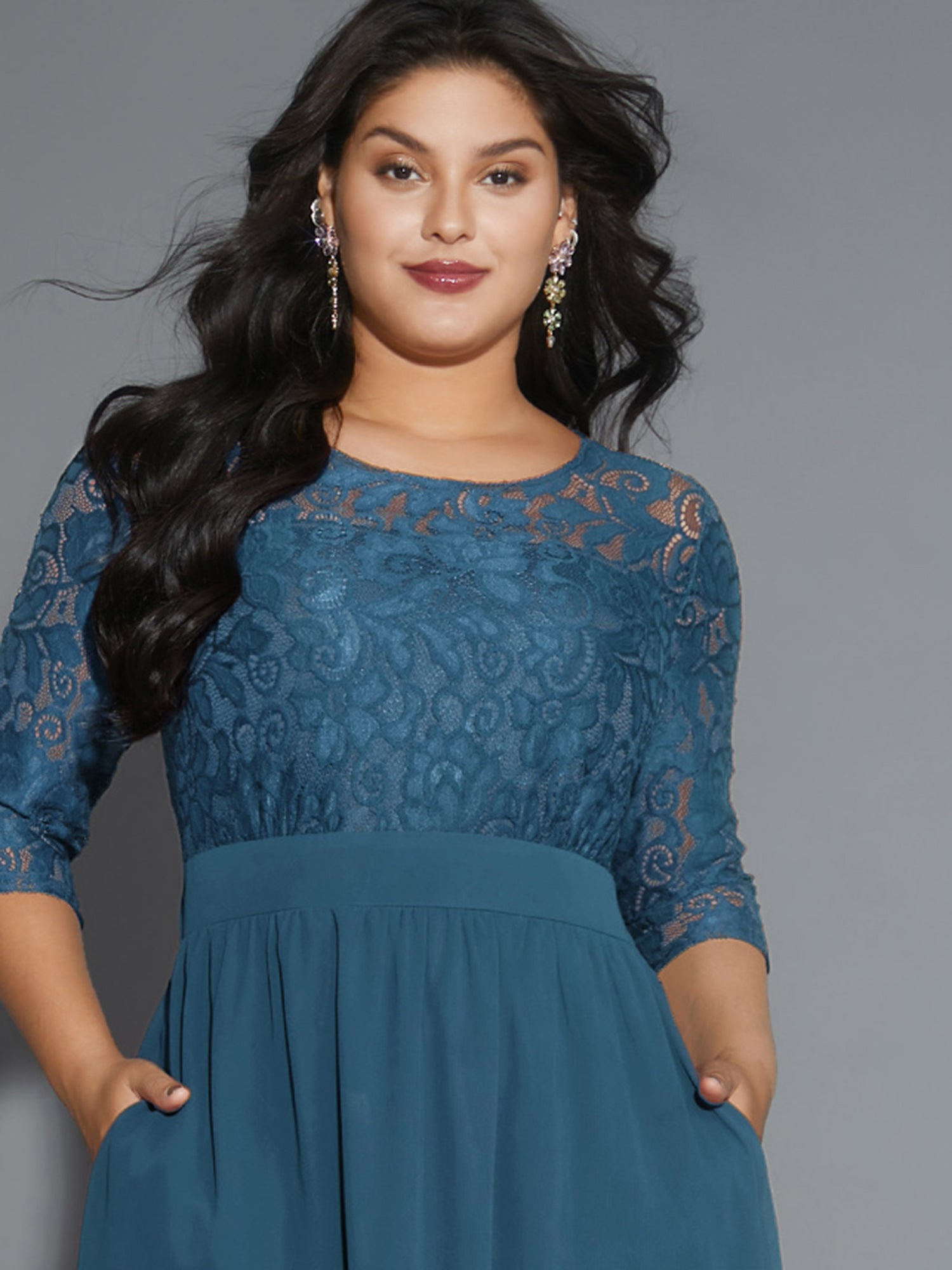 Lace Patchwork Shirred Midi Pocket Dress