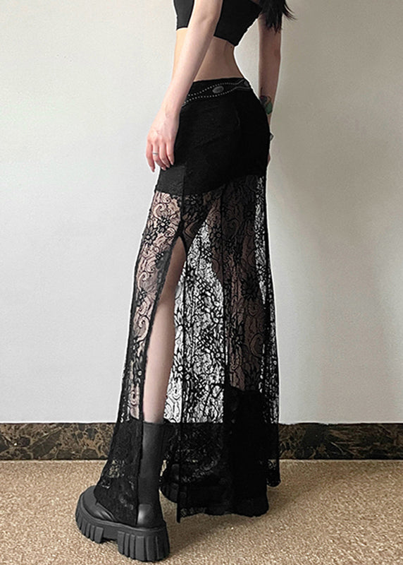 Style Black High Waist Lace Patchwork Maxi Skirts