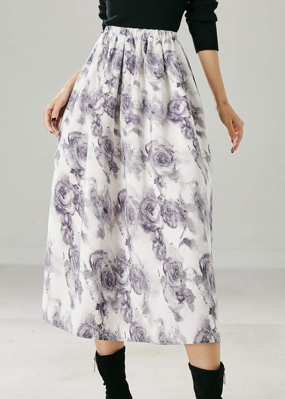 Stylish White Elastic Waist Floral Print Chiffon Skirt Summer