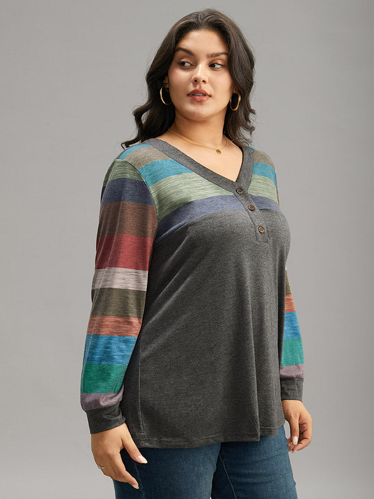 Colorblock Contrast V Neck Button Up T-shirt