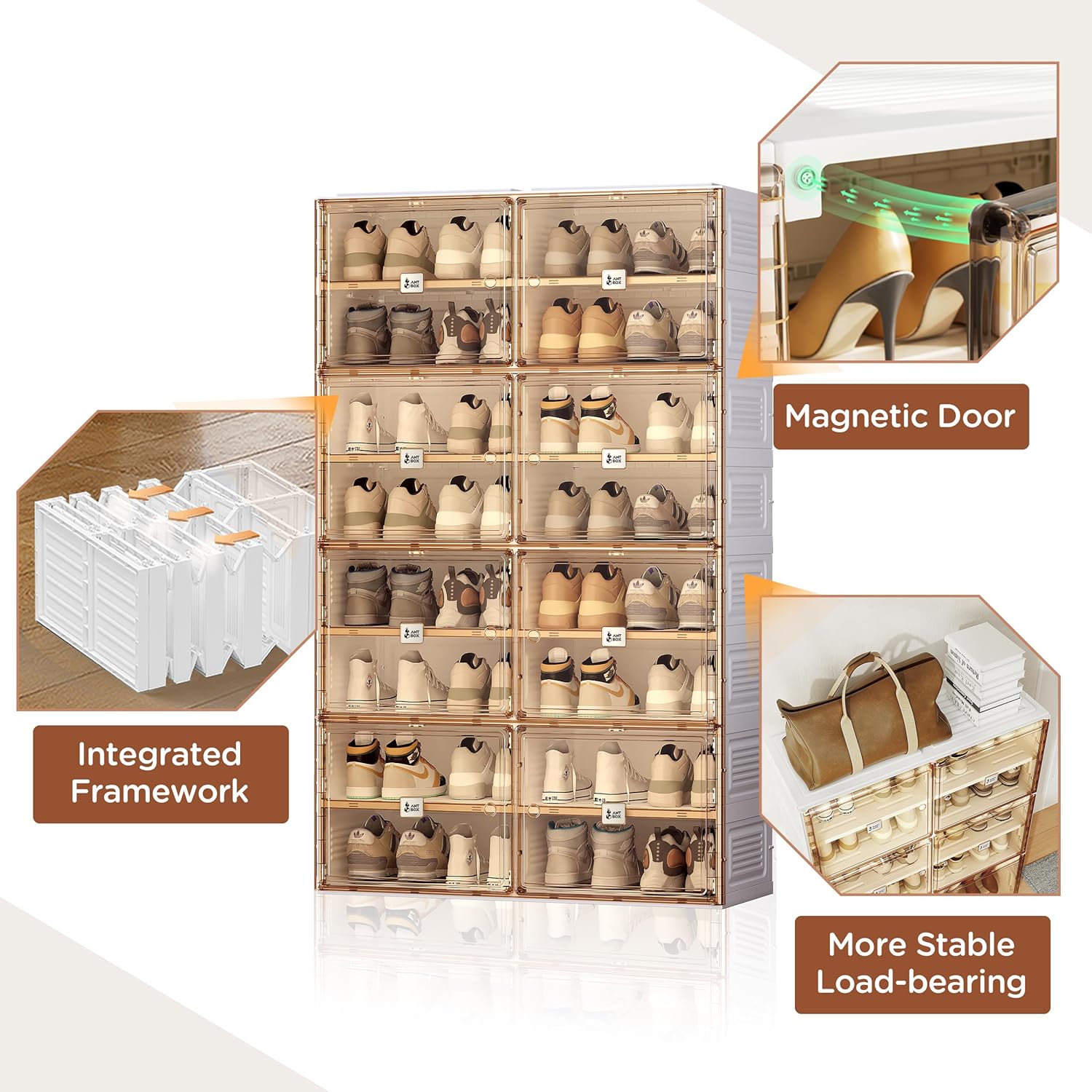 ANTBOX Portable Shoe Rack Organizer for Closet Entryway, Stackable Sneaker Storage Shoe Cabinet with Magnetic Clear Door, Large Plastic Storage containers Bins with Lids 5 Tiers 20 Pairs