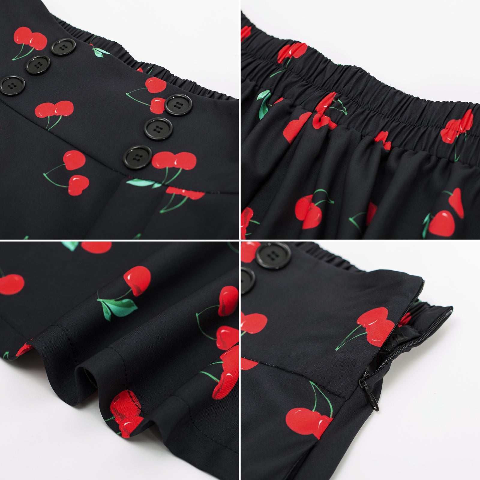 Cherry Patterns Pleated Buttons Decorated Elastic Waist High Waist Swing A-Line Skirt with Pockets