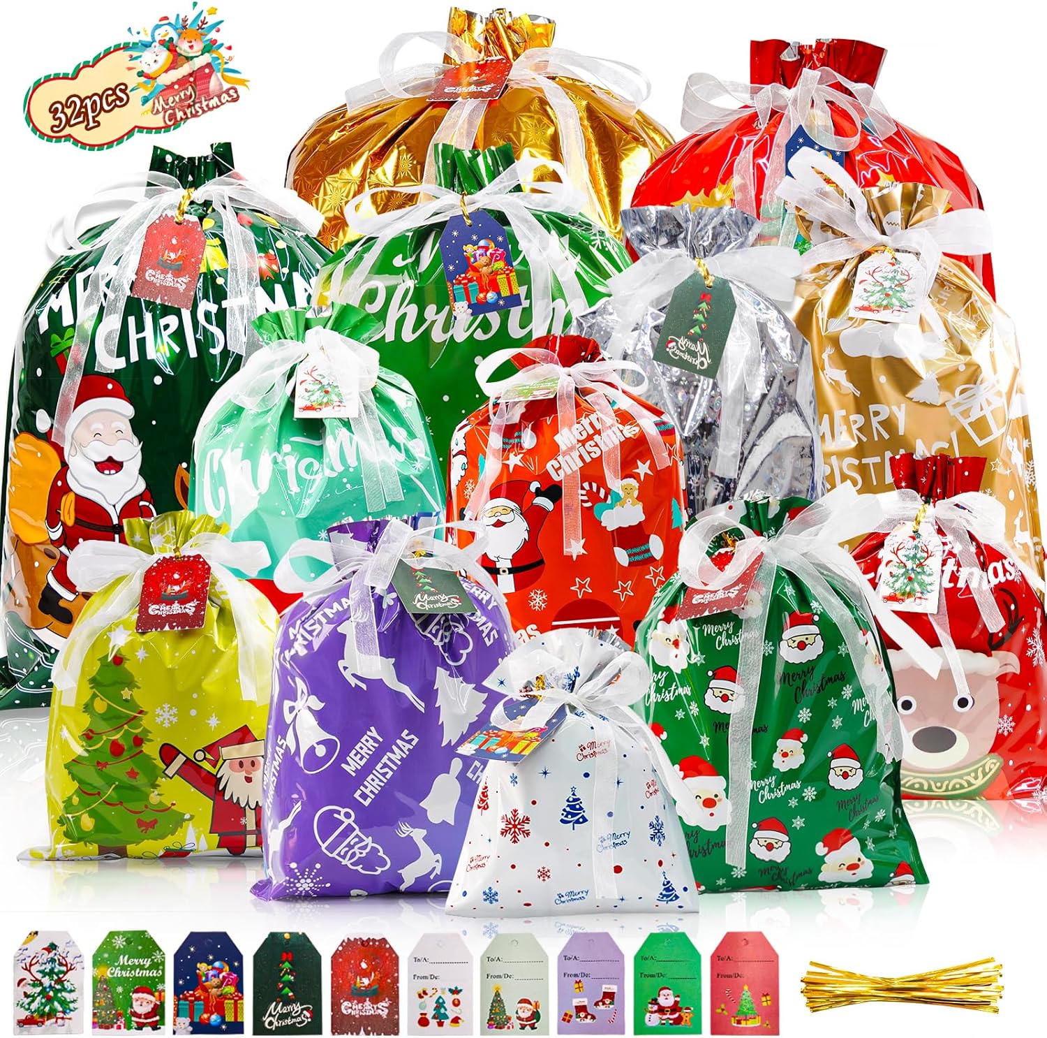 32pcs Gift Christmas Bags, 5 Assorted Sizes Holiday Xmas Gift Bags with Tags, Christmas Drawstring Bags for Gifts Wrapping Party Presents Decorations - Large Medium Small