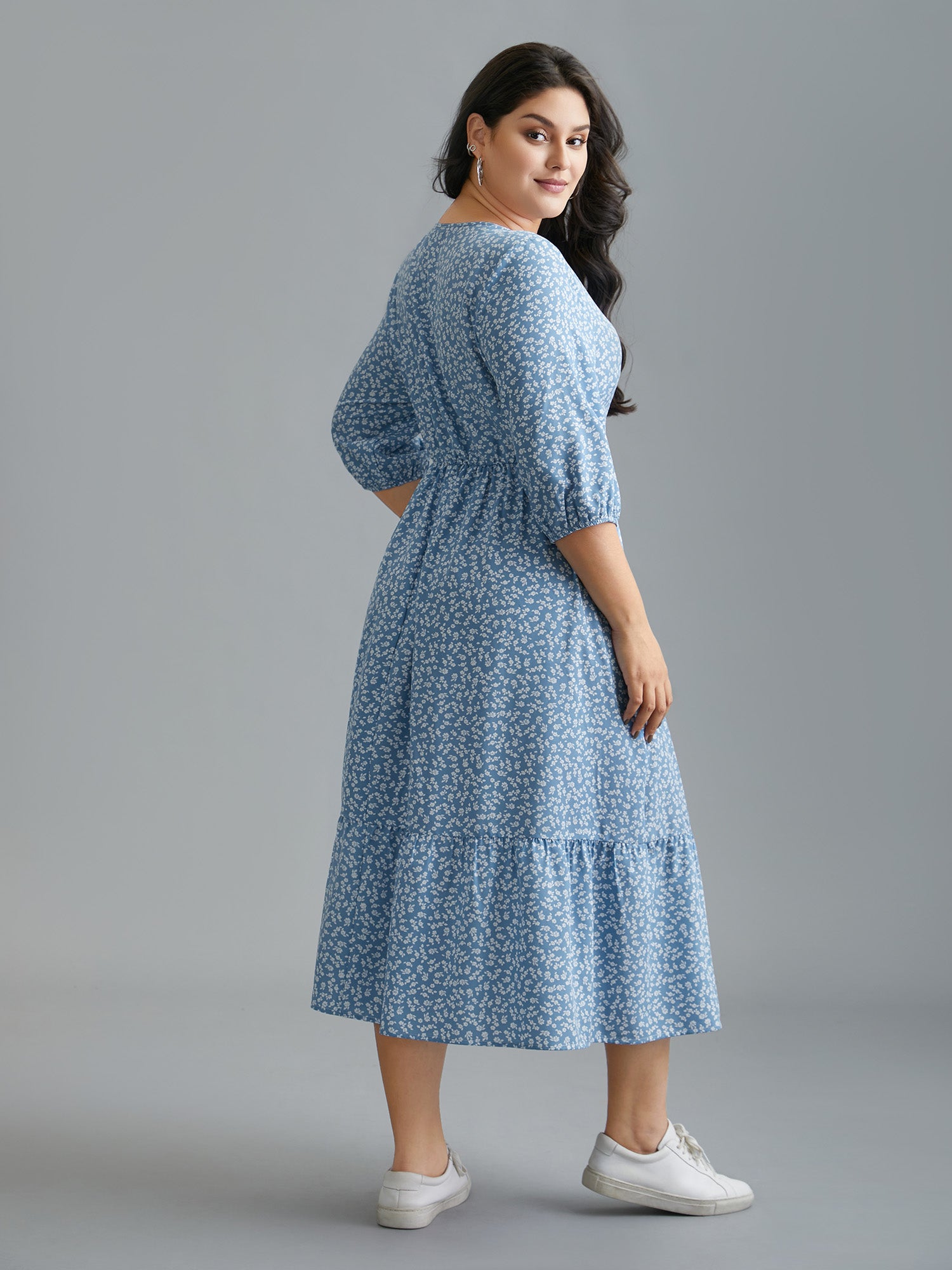 Notched Ditsy Floral Button Midi Dress