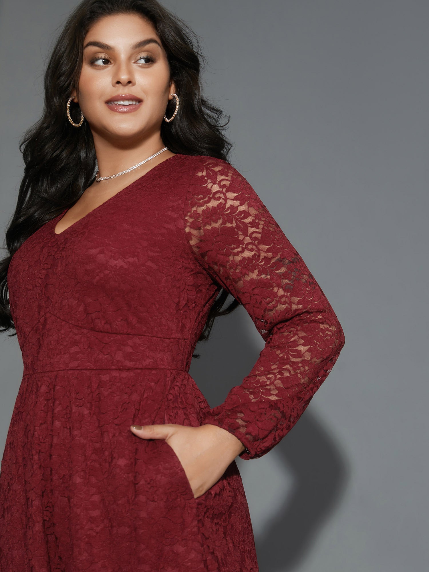 Solid Lace Patchwork Lantern Sleeve Dress