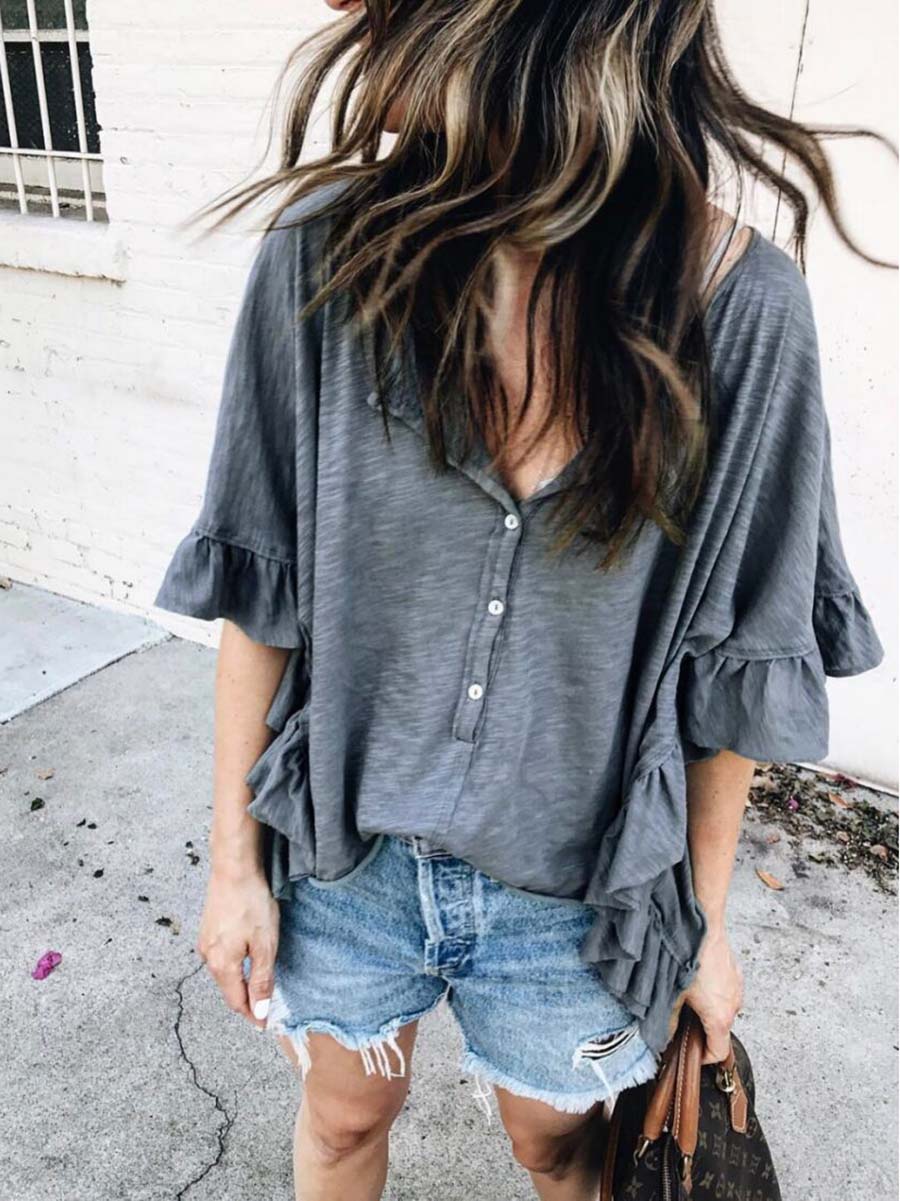 Round Neck Patchwork Ruffle Loose Short Sleeve T-Shirt