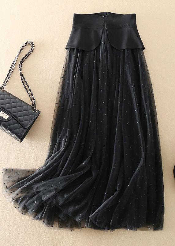 Black Cinched Dot Tulle Skirts Spring