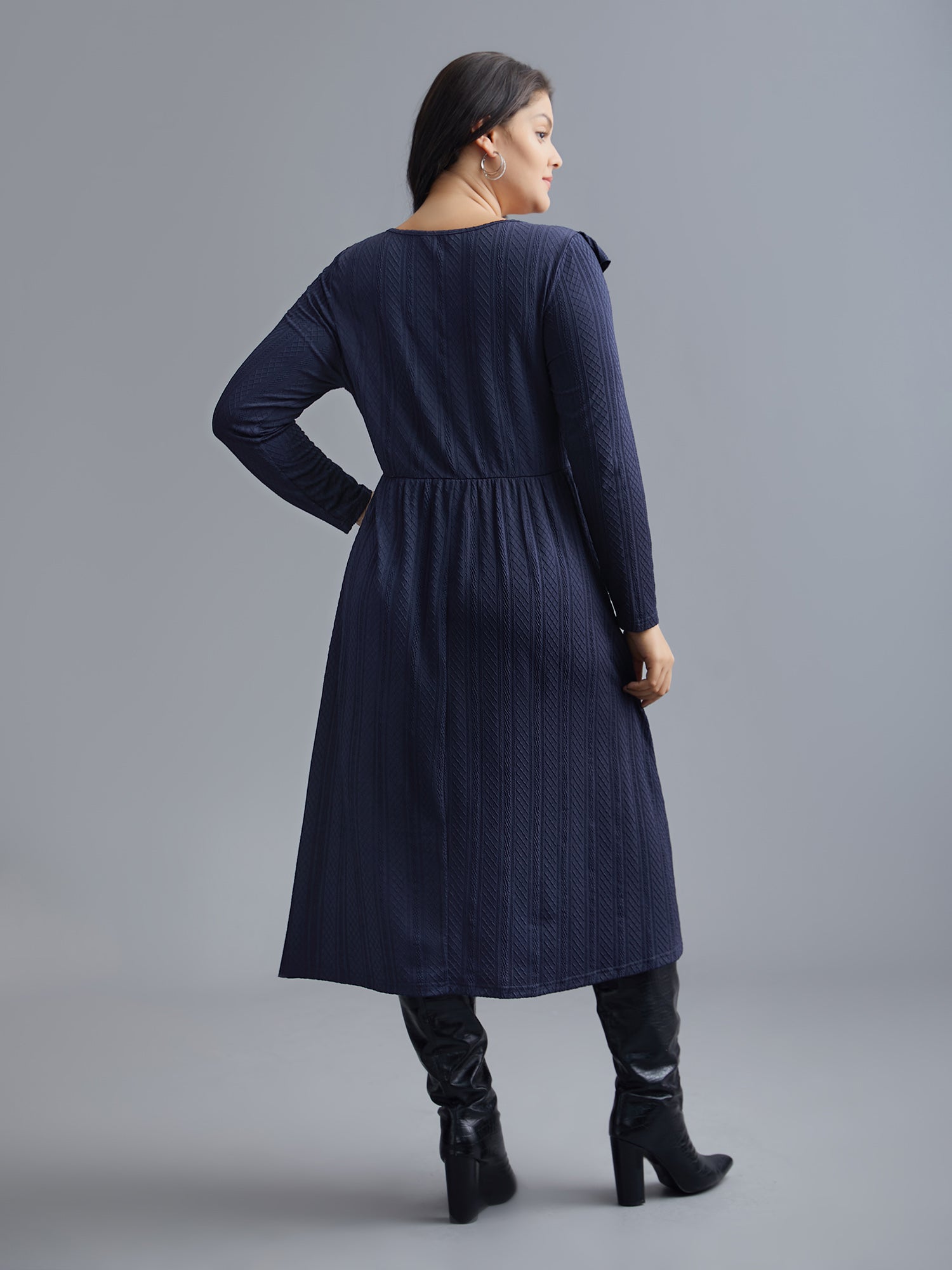 Plain Crew Neck Ruffle Trim Plisse Dress
