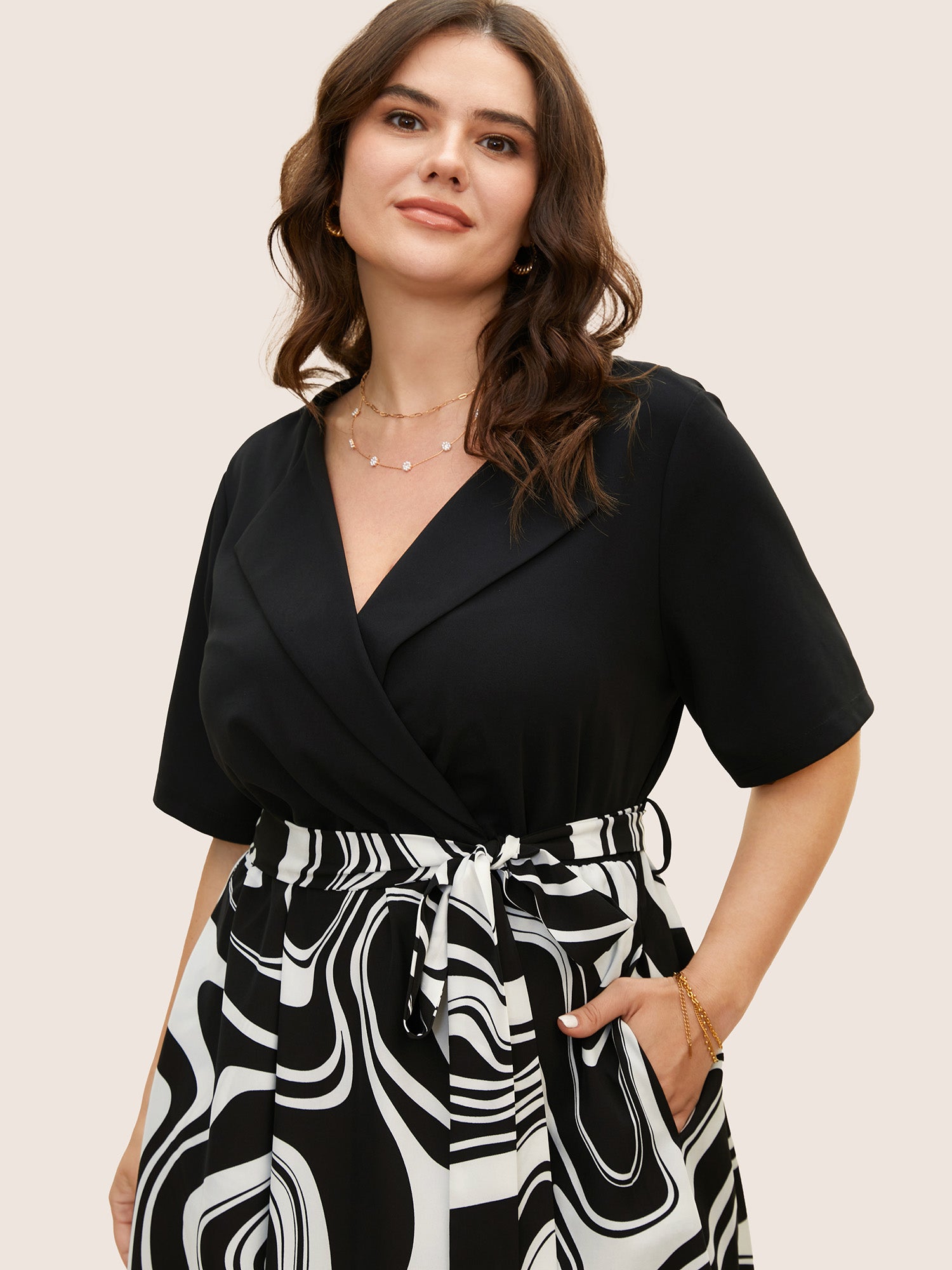 Geometric Patchwork Suit Collar Belted Dress