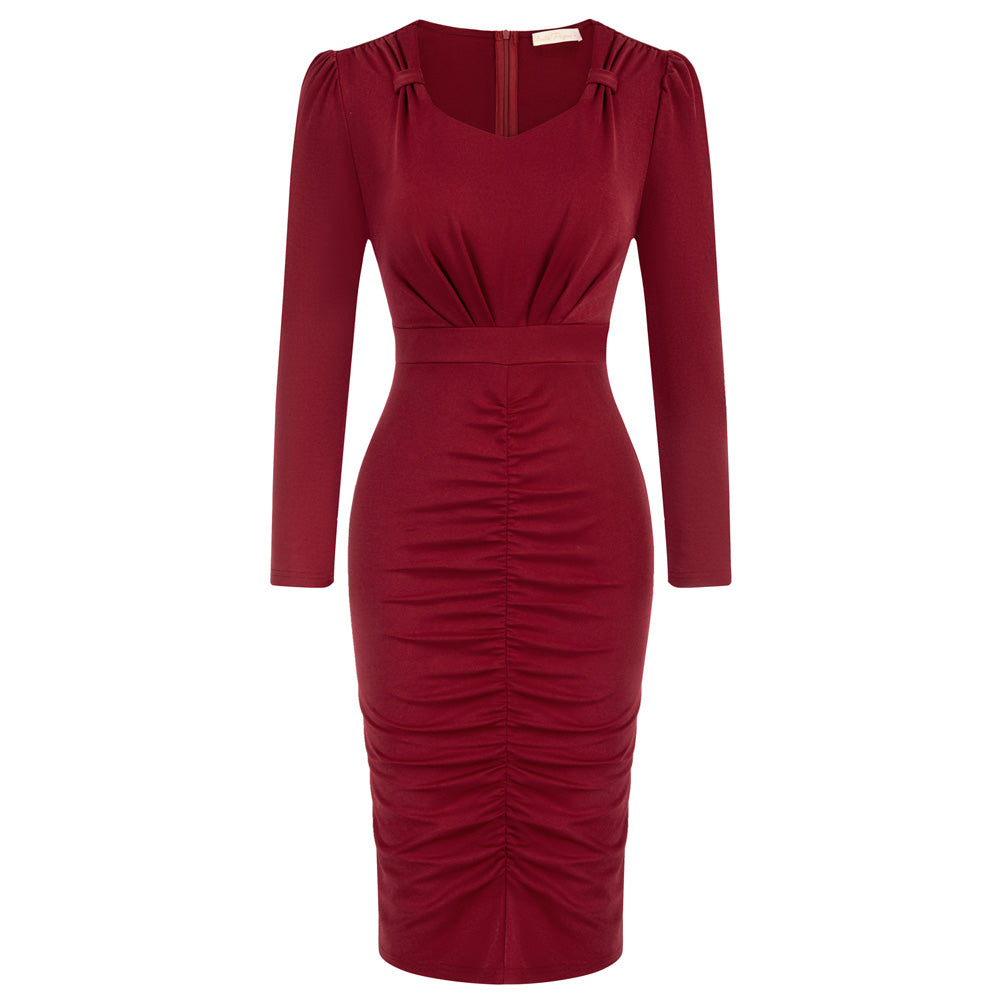 Seckill Offer⌛Vintage Ruched Dress Long Sleeve Defined Waist Bodycon Dress