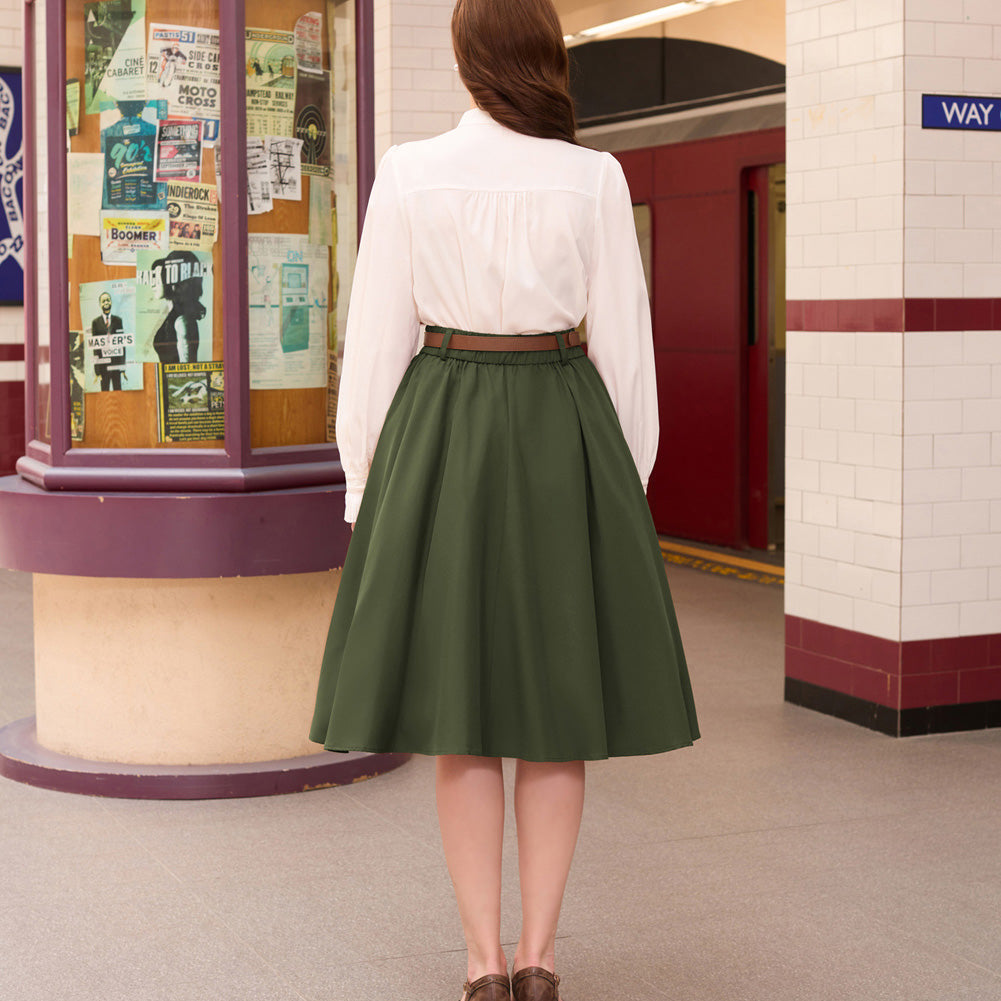Swing Skirt with Belt Elastic High Waist Buttons Decorated Skirt