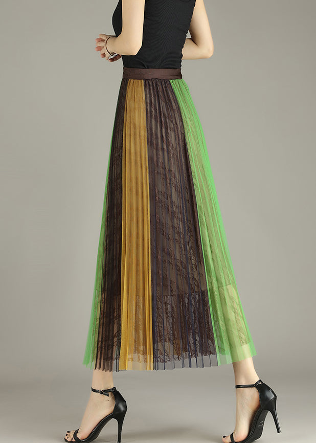 Yellow Green Lace Patchwork Tulle Pleated Skirt Summer