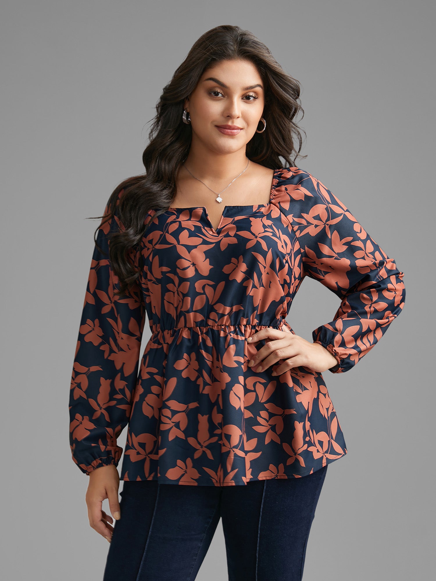 Notched Silhouette Floral Print Lantern Sleeve Blouse