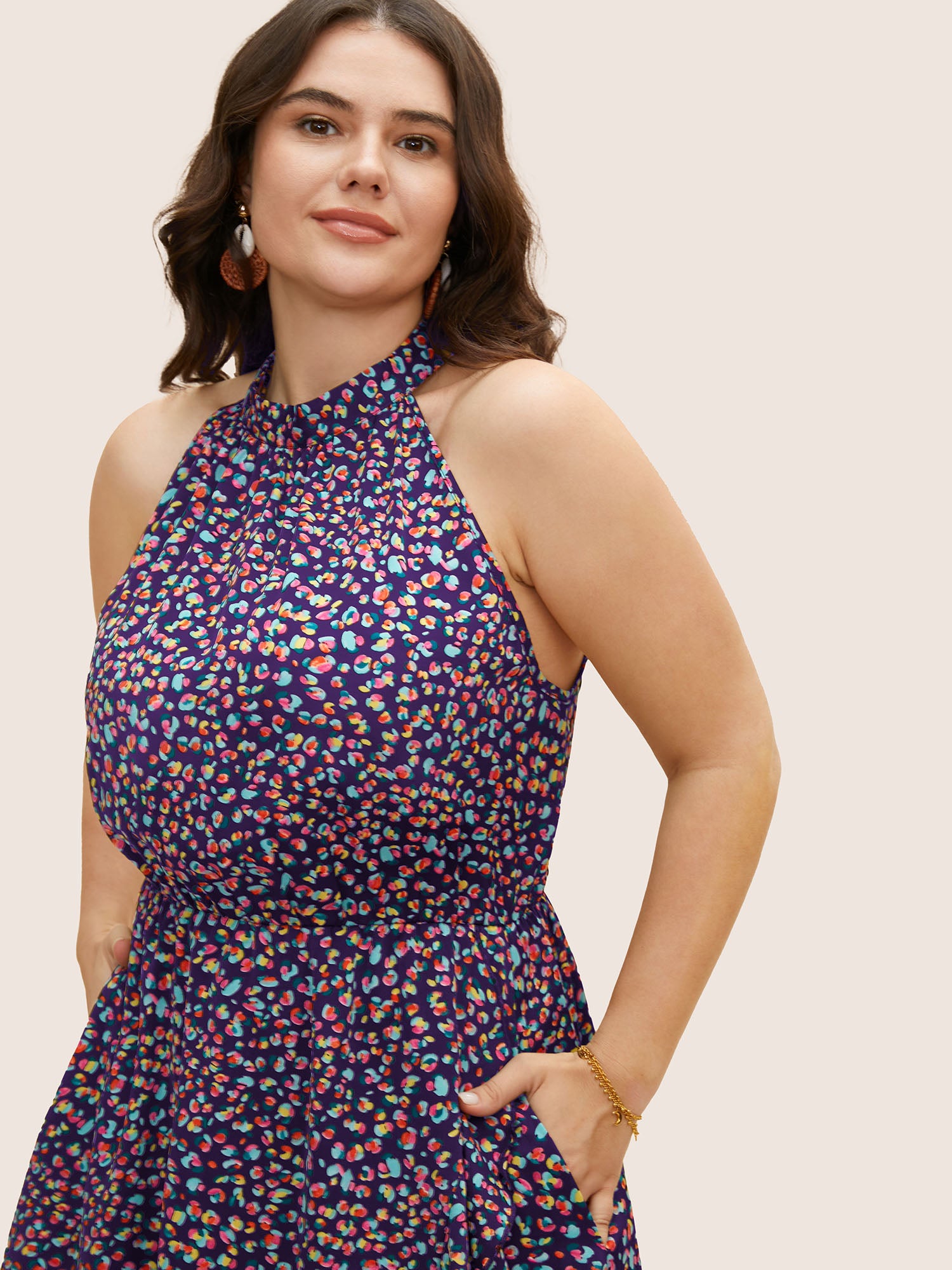 Allover Print Halter Neck Wrap Hem Dress