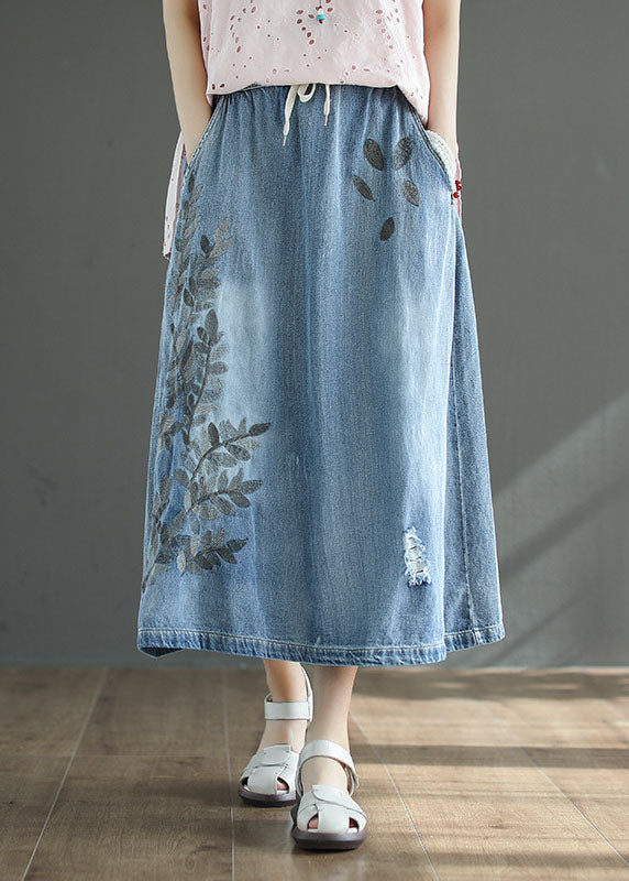 Light Blue High Waist Drawstring Print Cotton Denim Skirts Summer
