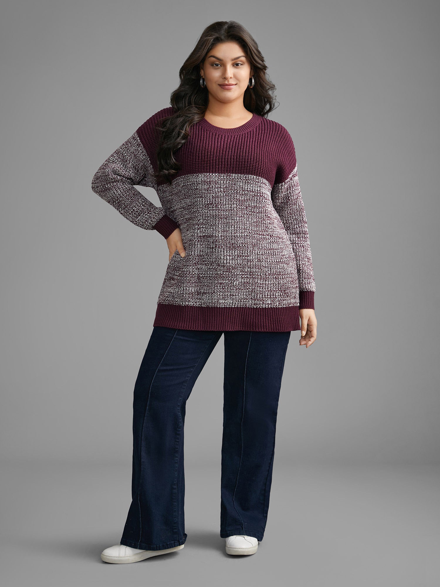 Round Neck Heather Patchwork Pullover