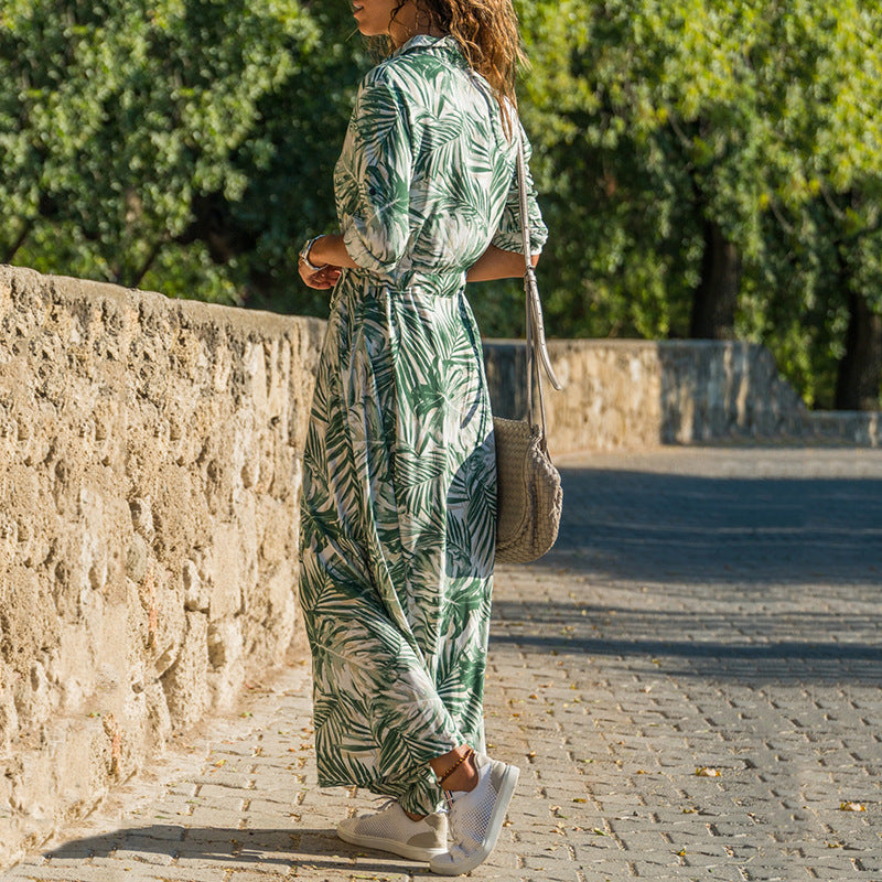 Printed Lace-Up Loose Maxi dress