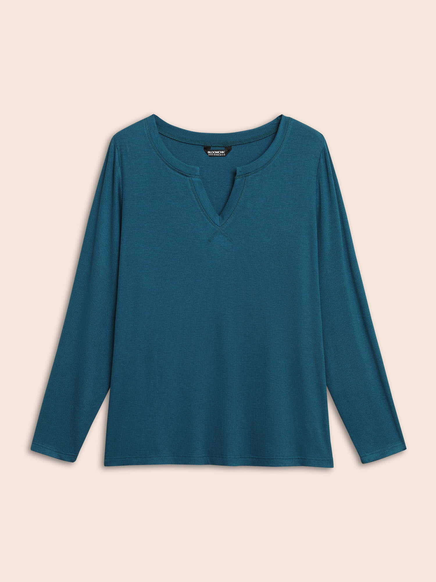 Solid Notched Collar Rib Knit T-shirt