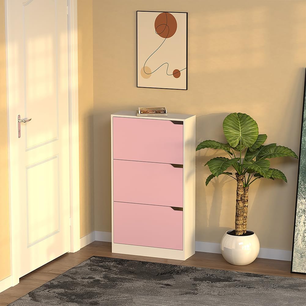 Wood Shoe Cabinet with 3 Doors, Shoe Cabinets, Retractable Handles, Double Depth, 63 x 24 x 115 cm