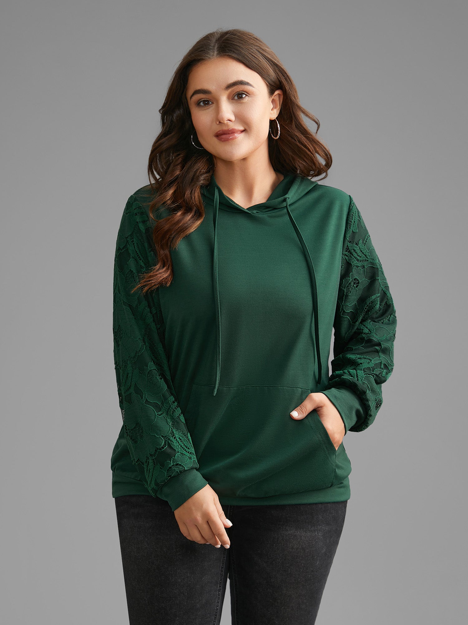 Lace Patchwork Pocket Hooded Drawstring Sweatshirt