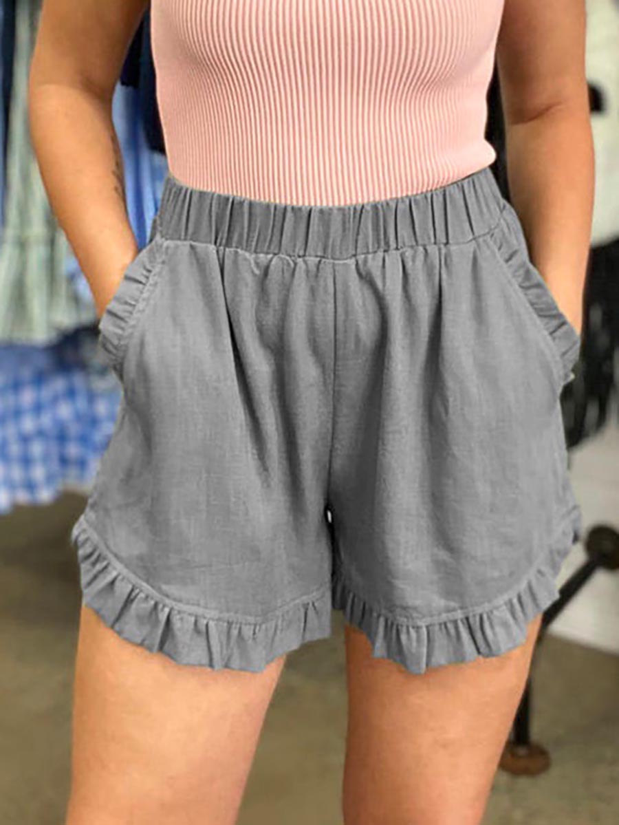 Elastic Waist Wide Leg Ruffle Cotton Linen Shorts