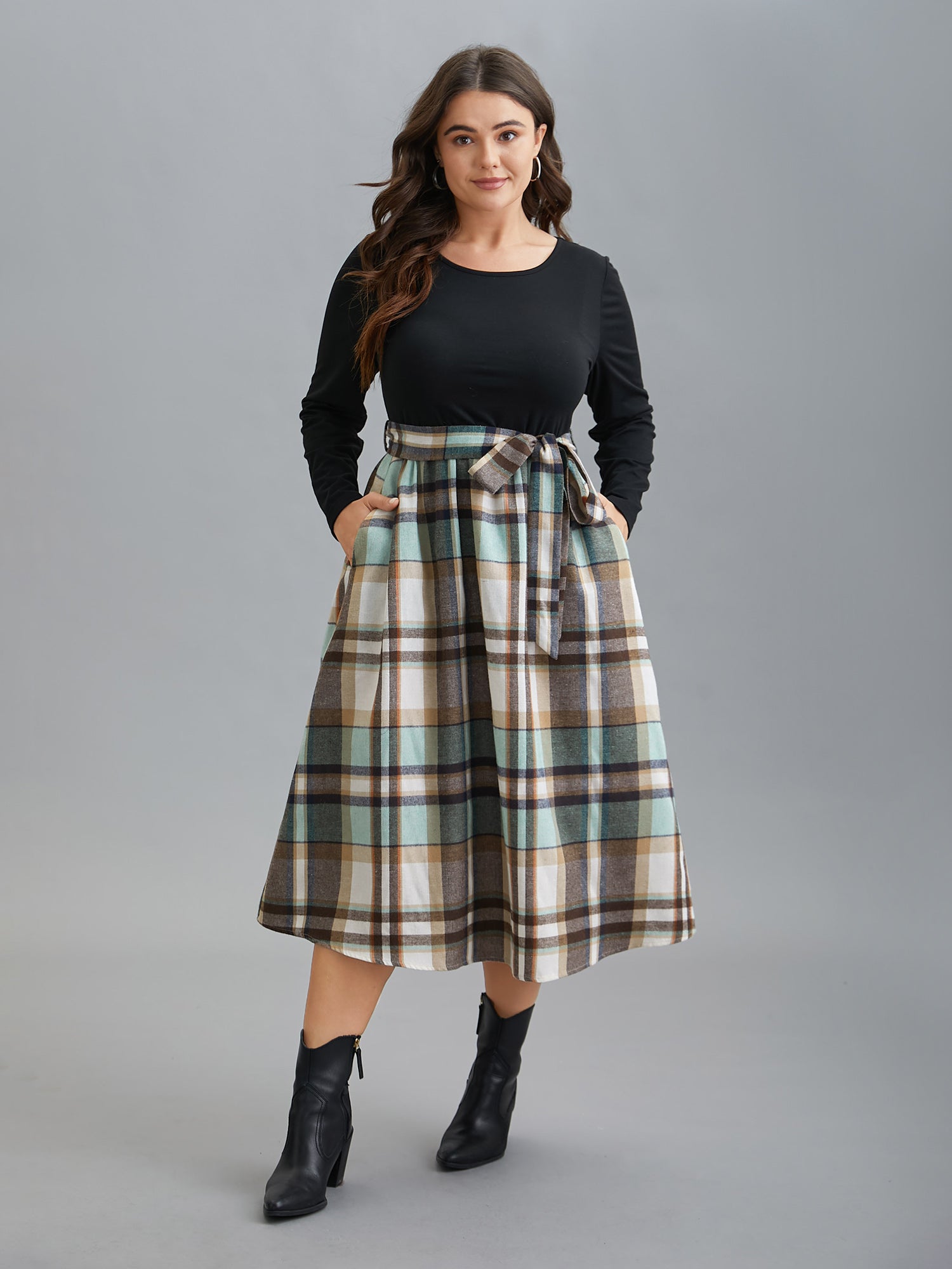 Plaid Patchwork Elastic Waist Belted Dress