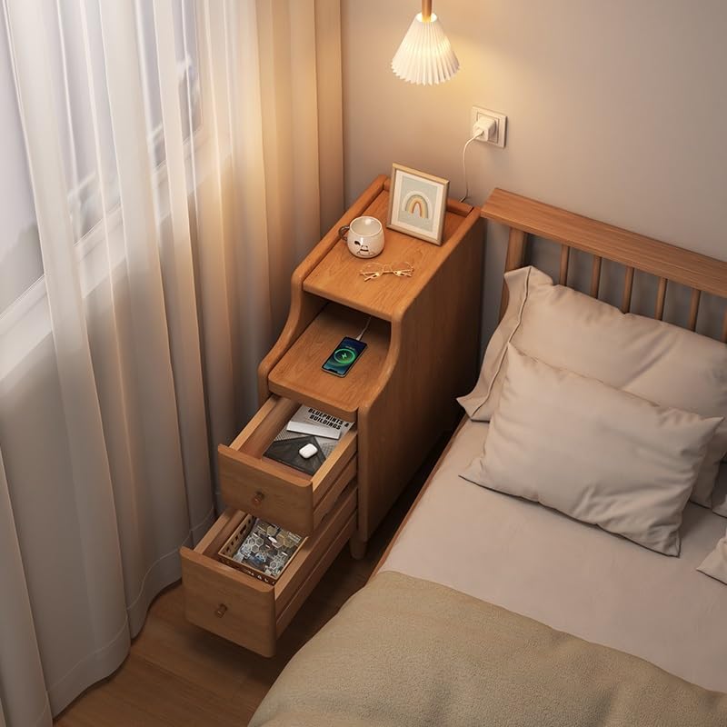 Small Nightstand Wooden Narrow Side Table，Narrow Bed End Table with 2 Drawers