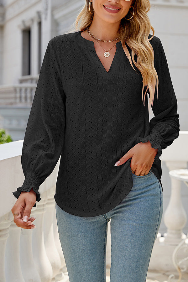 Solid color hollowed out gathered ruffle sleeve V-neck loose long-sleeved top