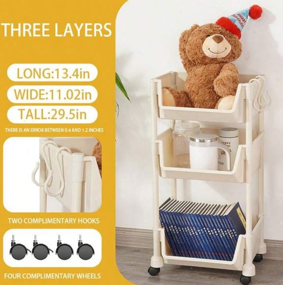 1pc 3-Layer Storage Rack With Wheels. Movable Bookshelf Rack Home Organization