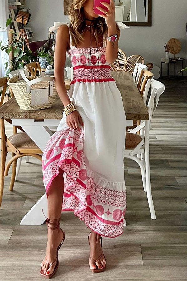 Printed Smocked Shoulder Tie Maxi Dress