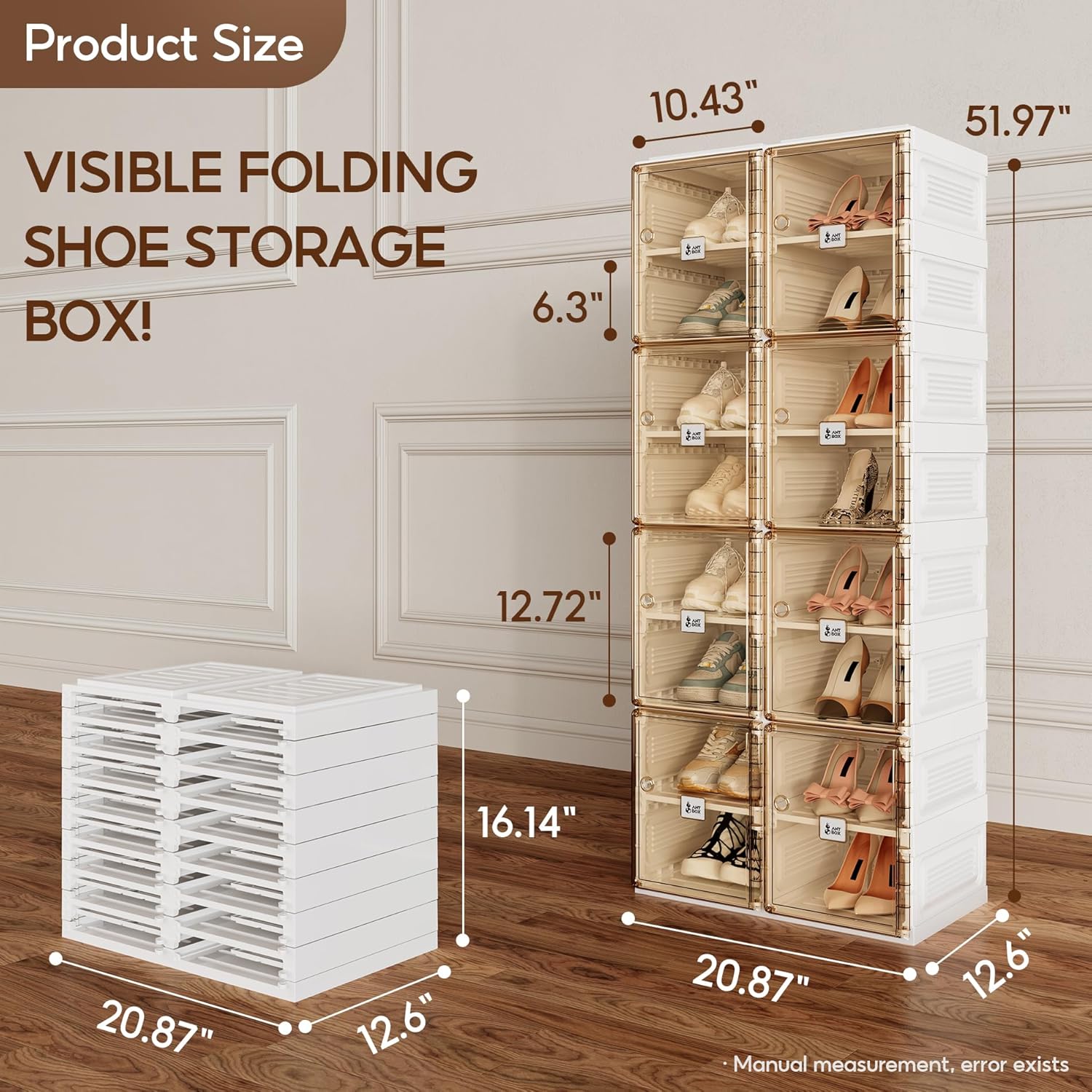ANTBOX Shoe Organizer Storage Box, Portable Folding Shoe Rack For Closet With Magnetic Clear Door