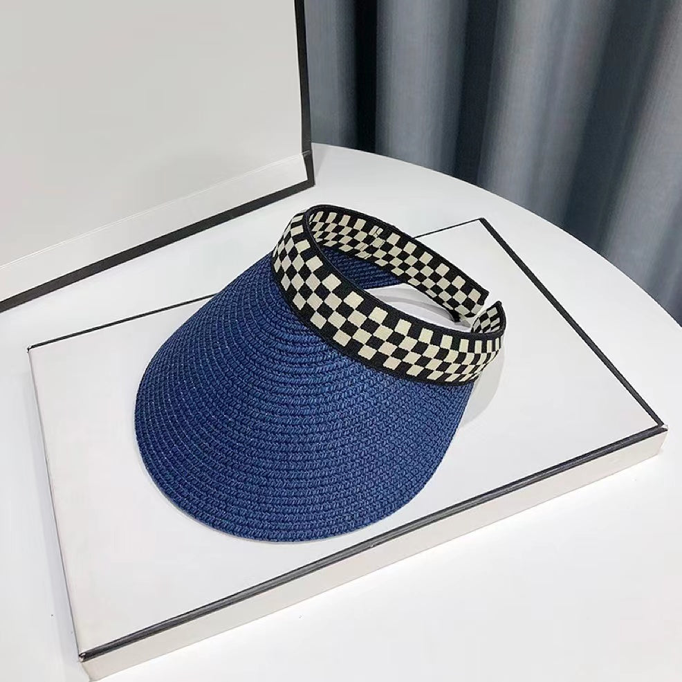Checkered Band Straw Visor Hats