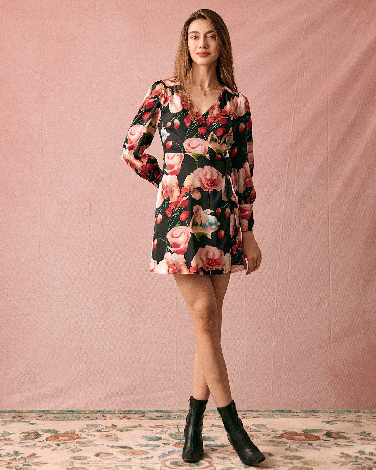 The V Neck Long Sleeve Floral Wrap Mini Dress
