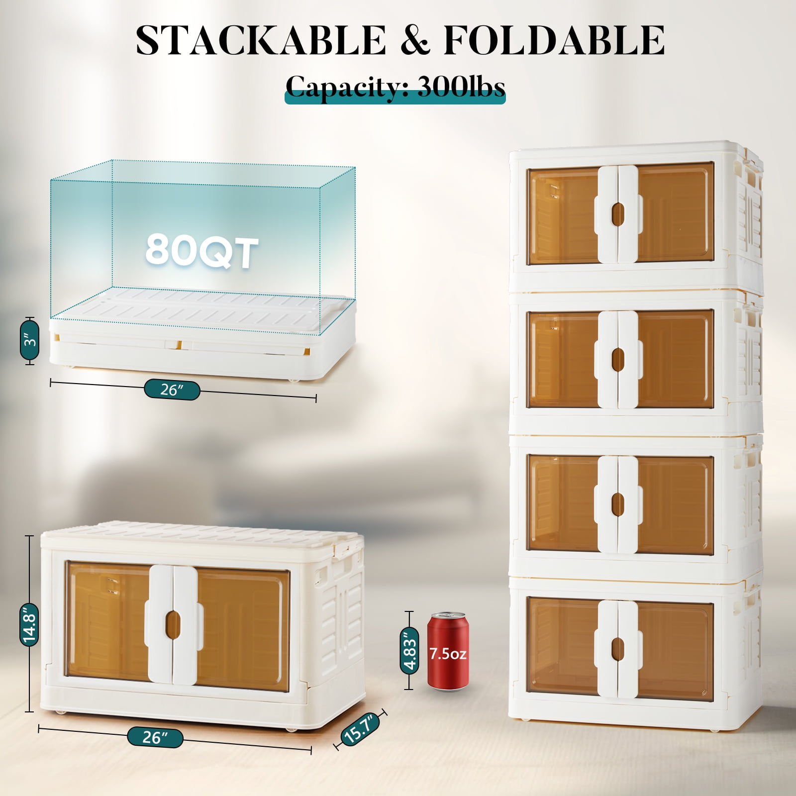 CONCETTA 33.6GAL/148QT Stackable Storage Bin with Lids and Wheels, Collapsible Foldable Plastic Closet Organizer for Home