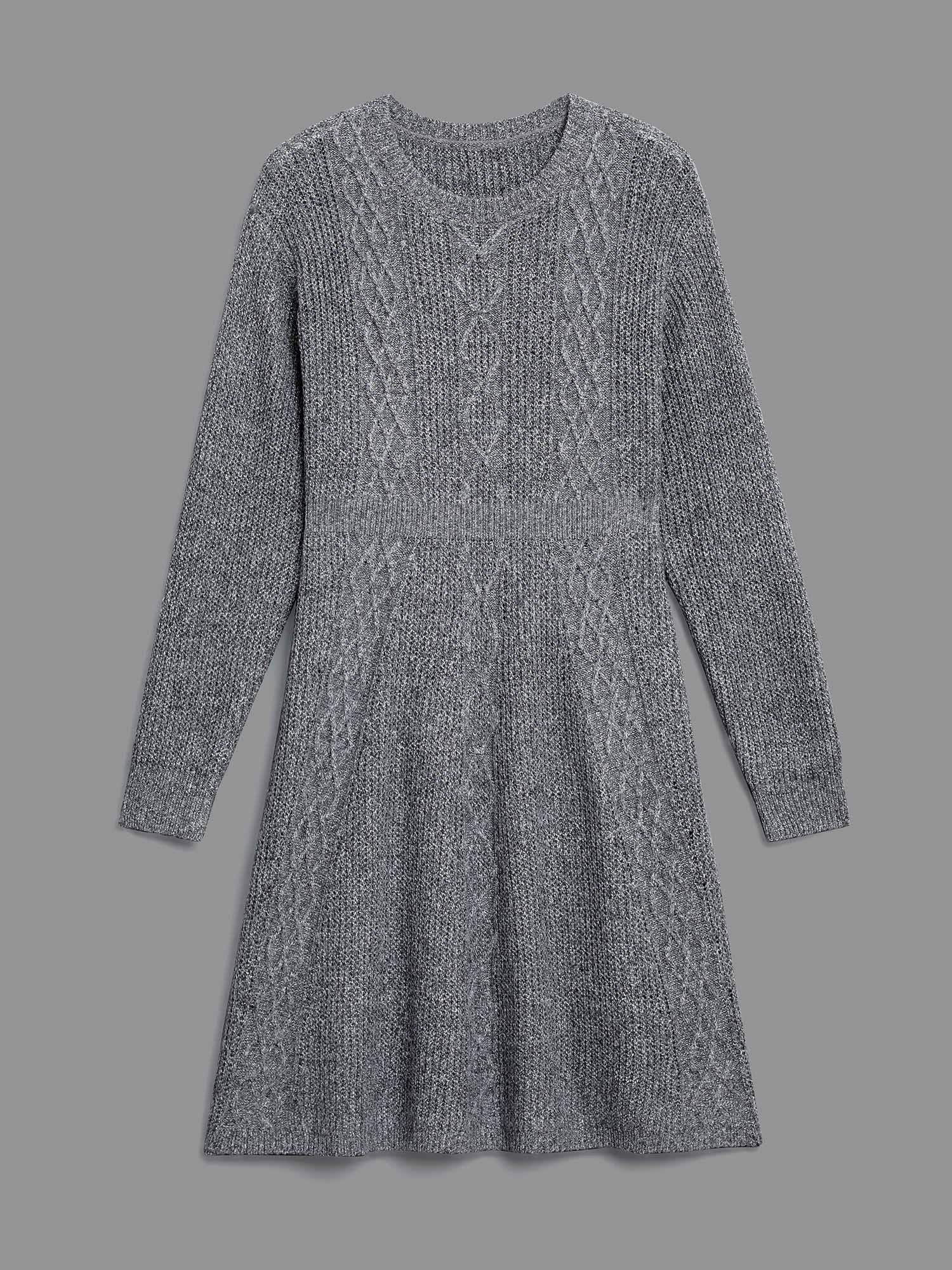 Cable Knit Ribbed Waist Cinched Midi Sweater Dress
