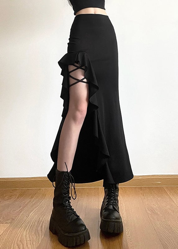 Fashion Black Ruffled Patchwor Side Open Fishtail Skirt Summer