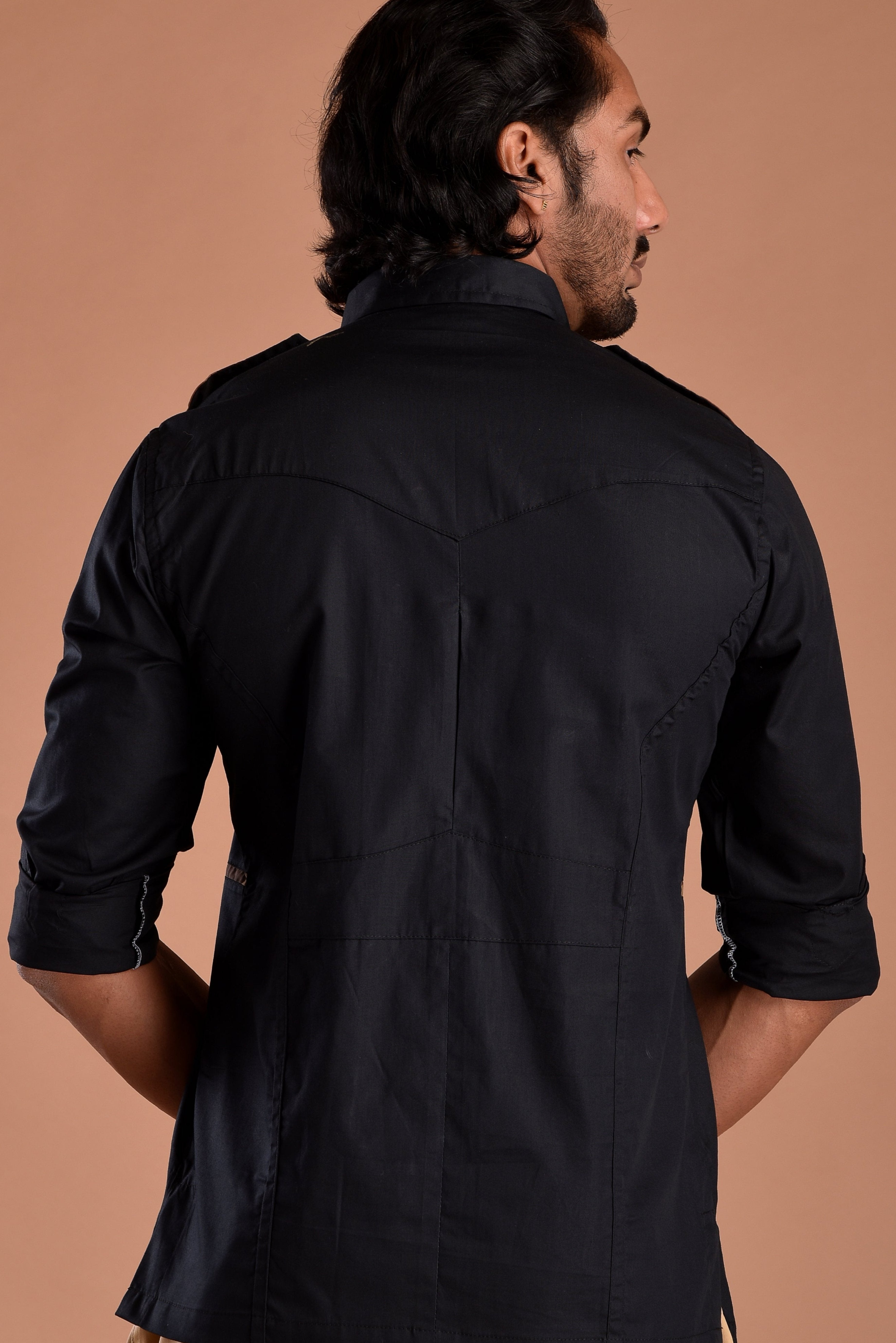 Classic Black Hunting Style Shirt with Camouflage pockets