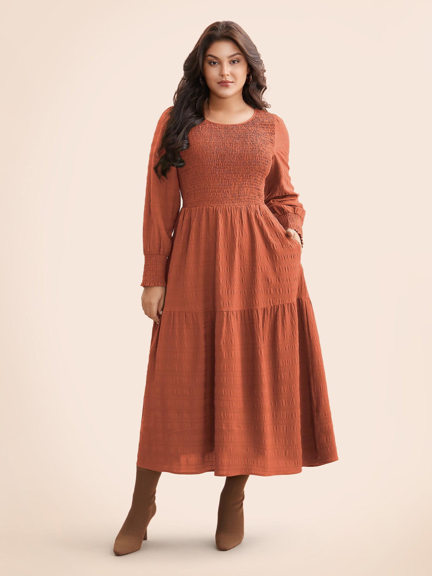 Plain Textured Shirred Midi Dress