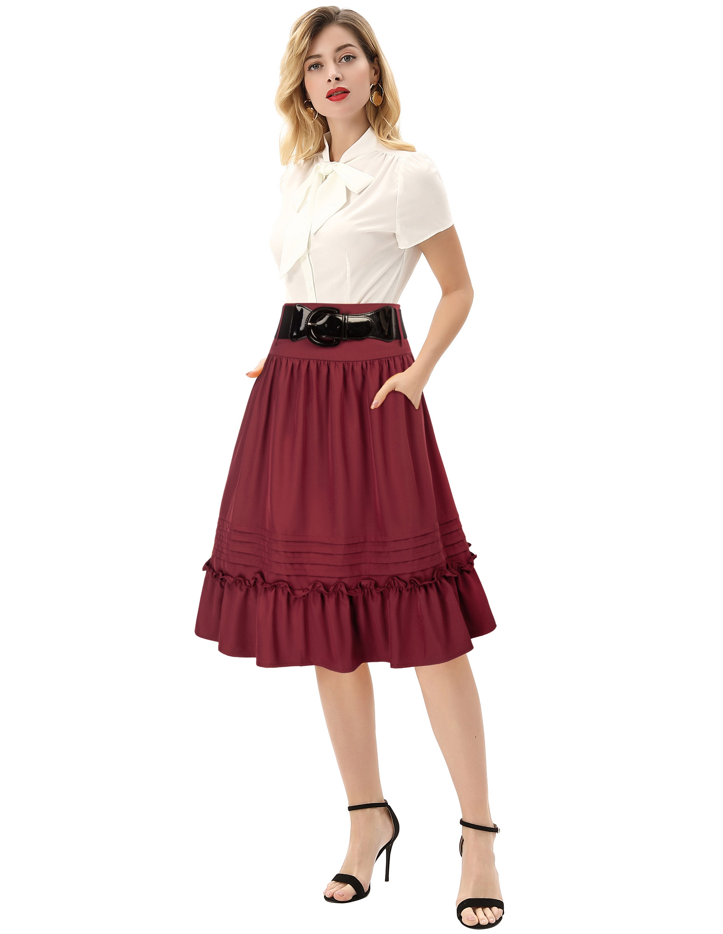 Belt Decorated Skirt Elastic High Waist Tiered  A-Line Skirt