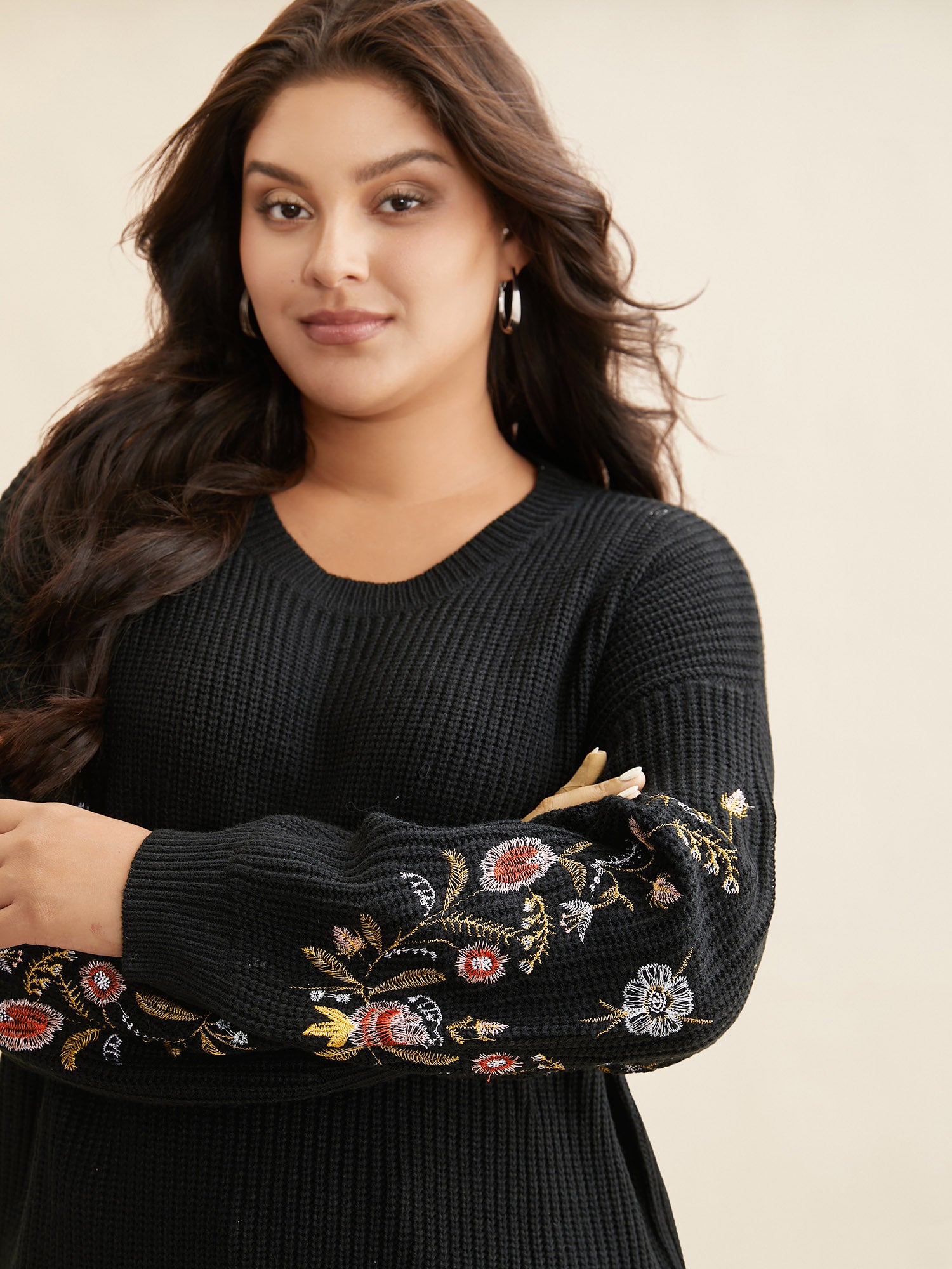 Floral Embroidered Drop Shoulder Sleeve Pullover