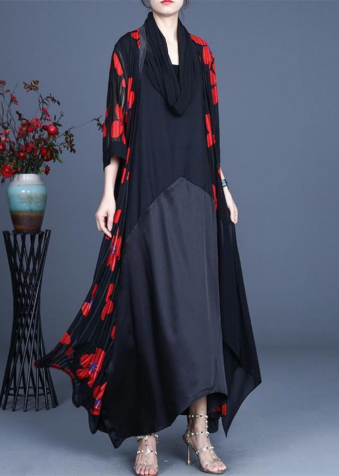 Simple Red Floral Summer Silk Long Loose Jacket