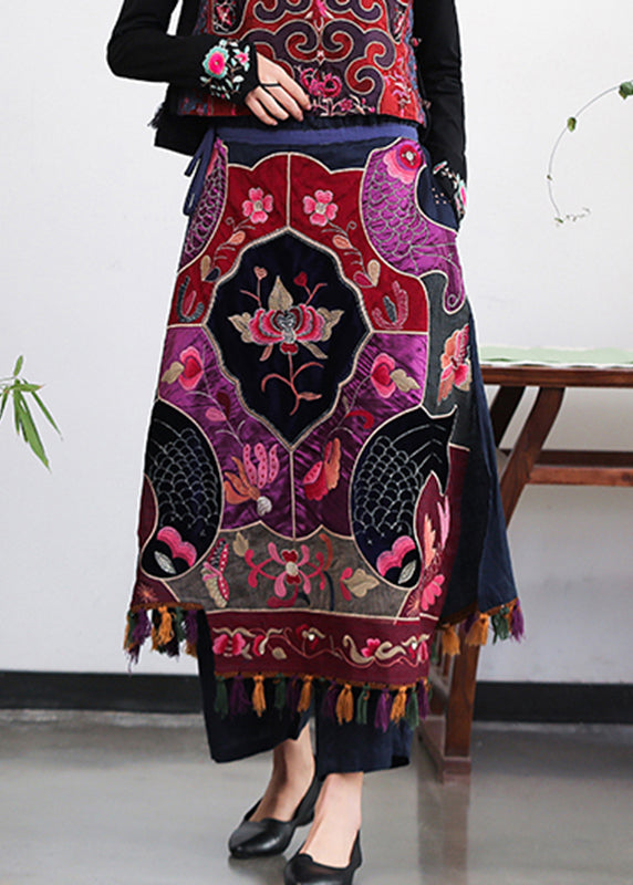 Elegant Embroidered Floral Tassel Drawstring Tie Waist Elastic Waist Skirt Summer