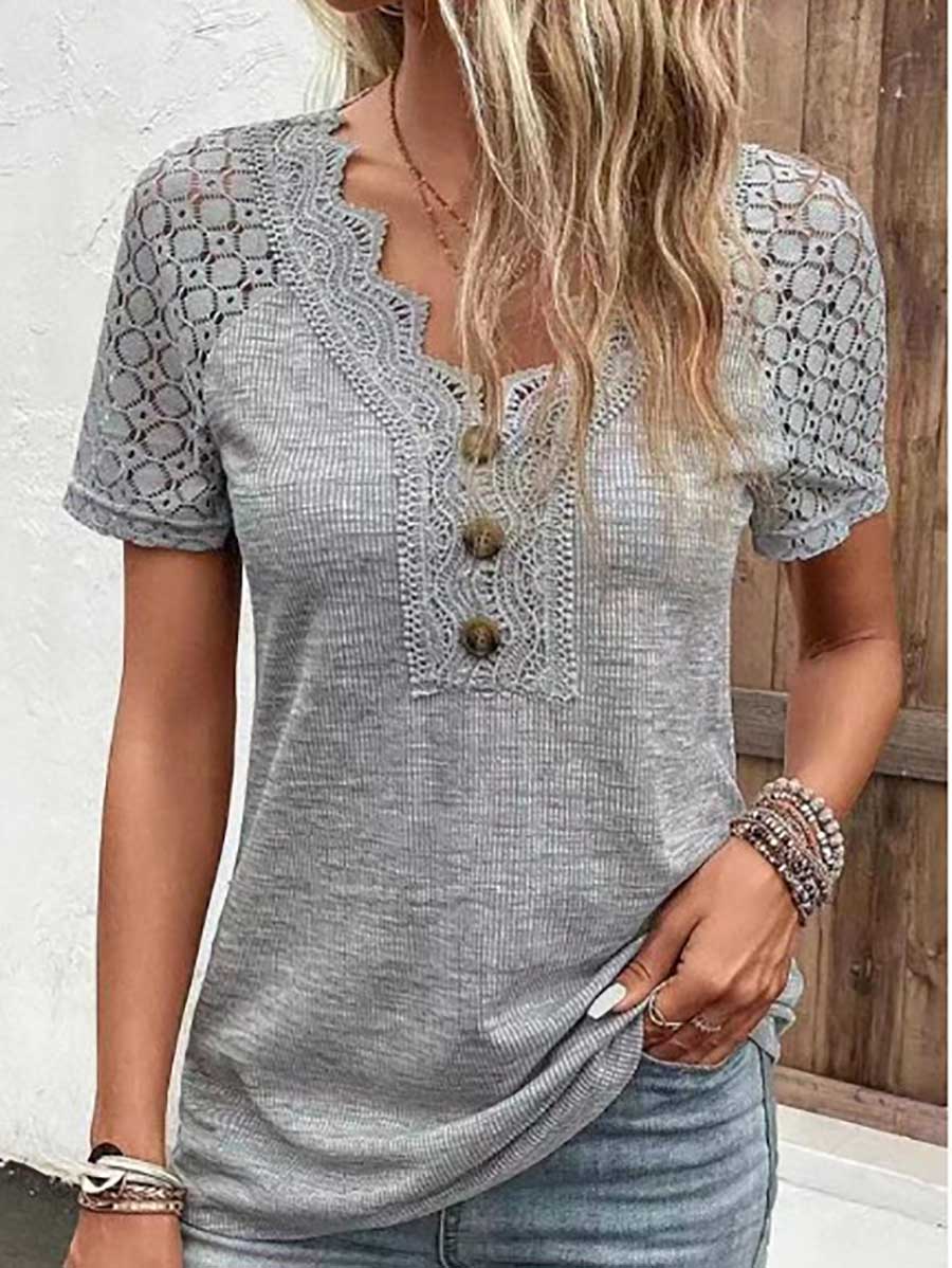 Comfortable Casual Lace Splicing V-Neck Pullover Top Women's T-Shirt