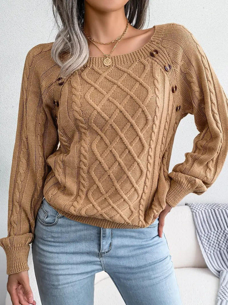 Women's Stylish Round Neck Texture Button Lantern Sleeve Sweater
