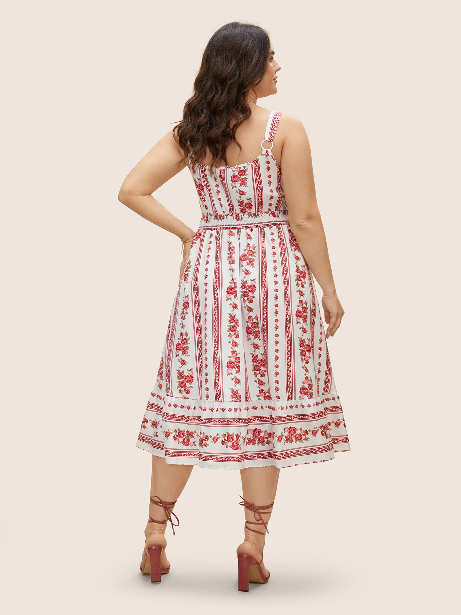 Heart Neckline Boho Print Shirred Cami Midi Dress