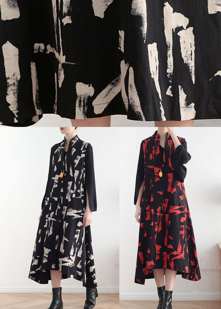 French White Print Pockets Cotton Dress Asymmetrical Design Waistcoat Fall Long Dress