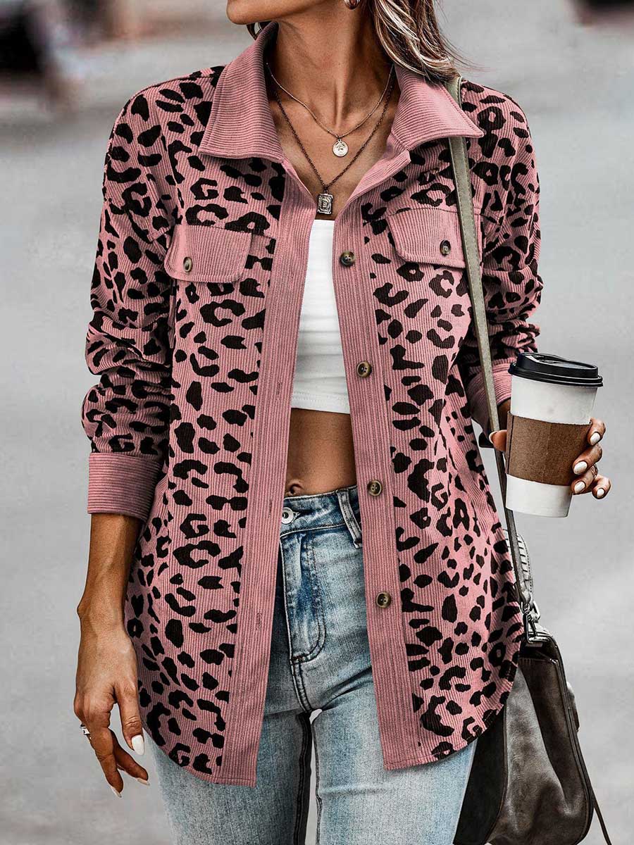 Corduroy Leopard Pocket Button Long Sleeve Women's Jacket