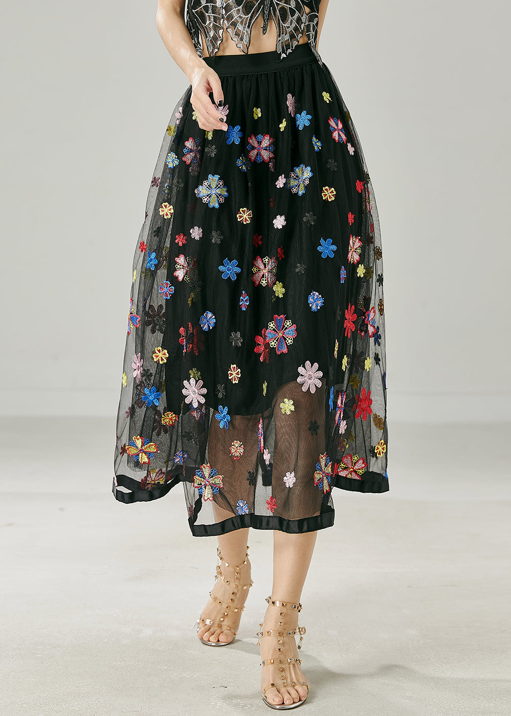 Black Floral Tulle Holiday Skirt Embroidered Summer