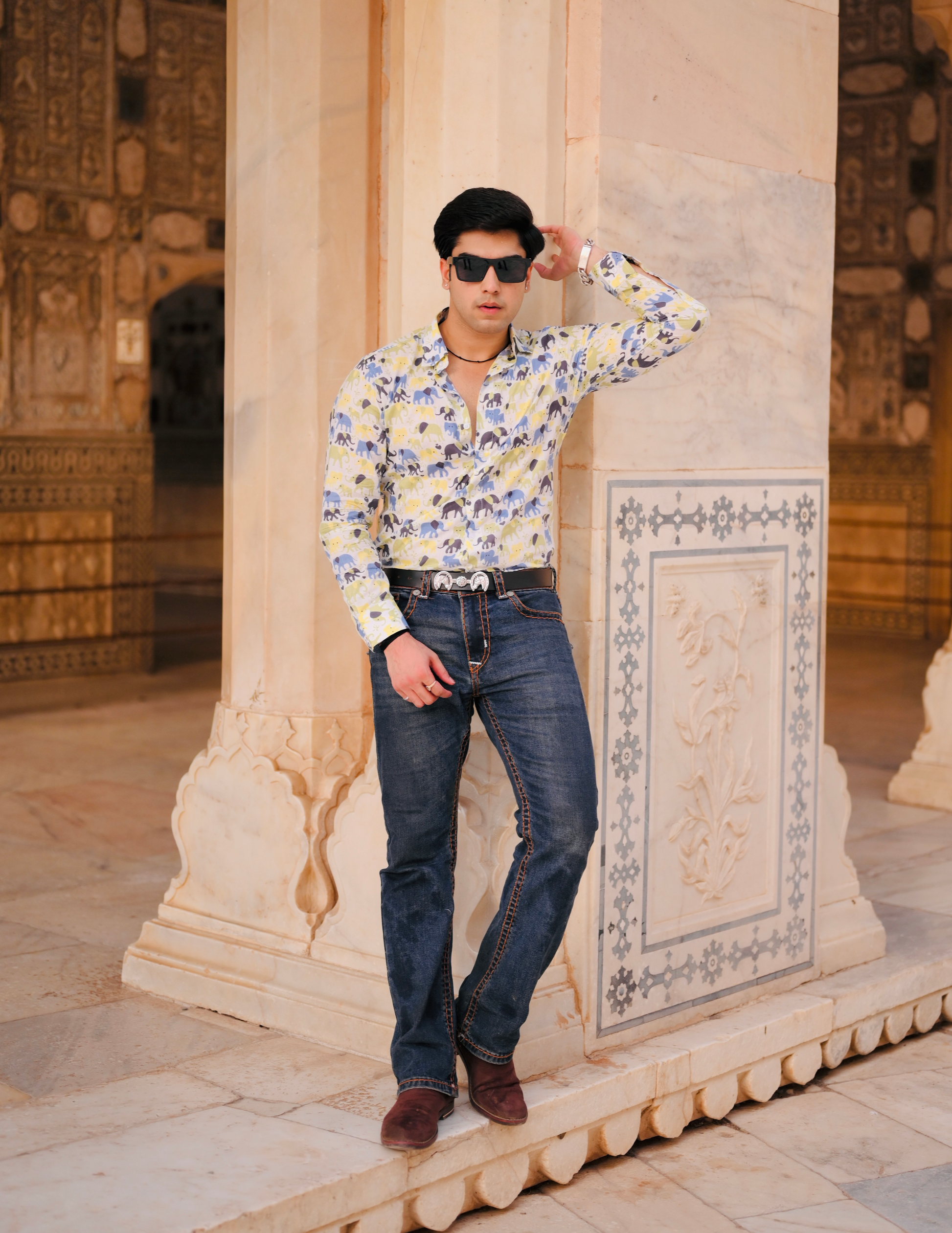 Sanganeri Elephant Printed Antique White Shirt